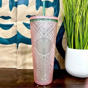 🎁Starbucks 2023 Pearl Pink Green Jeweled Cold Cup Tumbler Venti 24oz